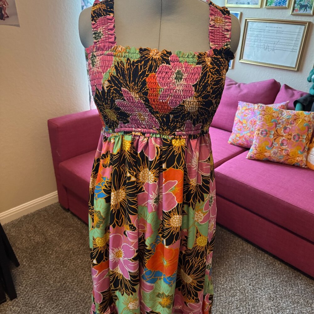 Entro Floral Smocked Maxi Dress – Size L – Bright Tropical Print